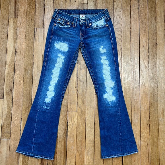 True Religion Joey Low Rise‎ Flare Jeans Twisted Super Distressed Denim Size 26 - Picture 1 of 14